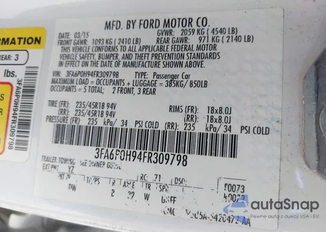 2015 Ford Fusion Se z USA, uszkodzony, nr VIN 3FA6P0H94FR309798